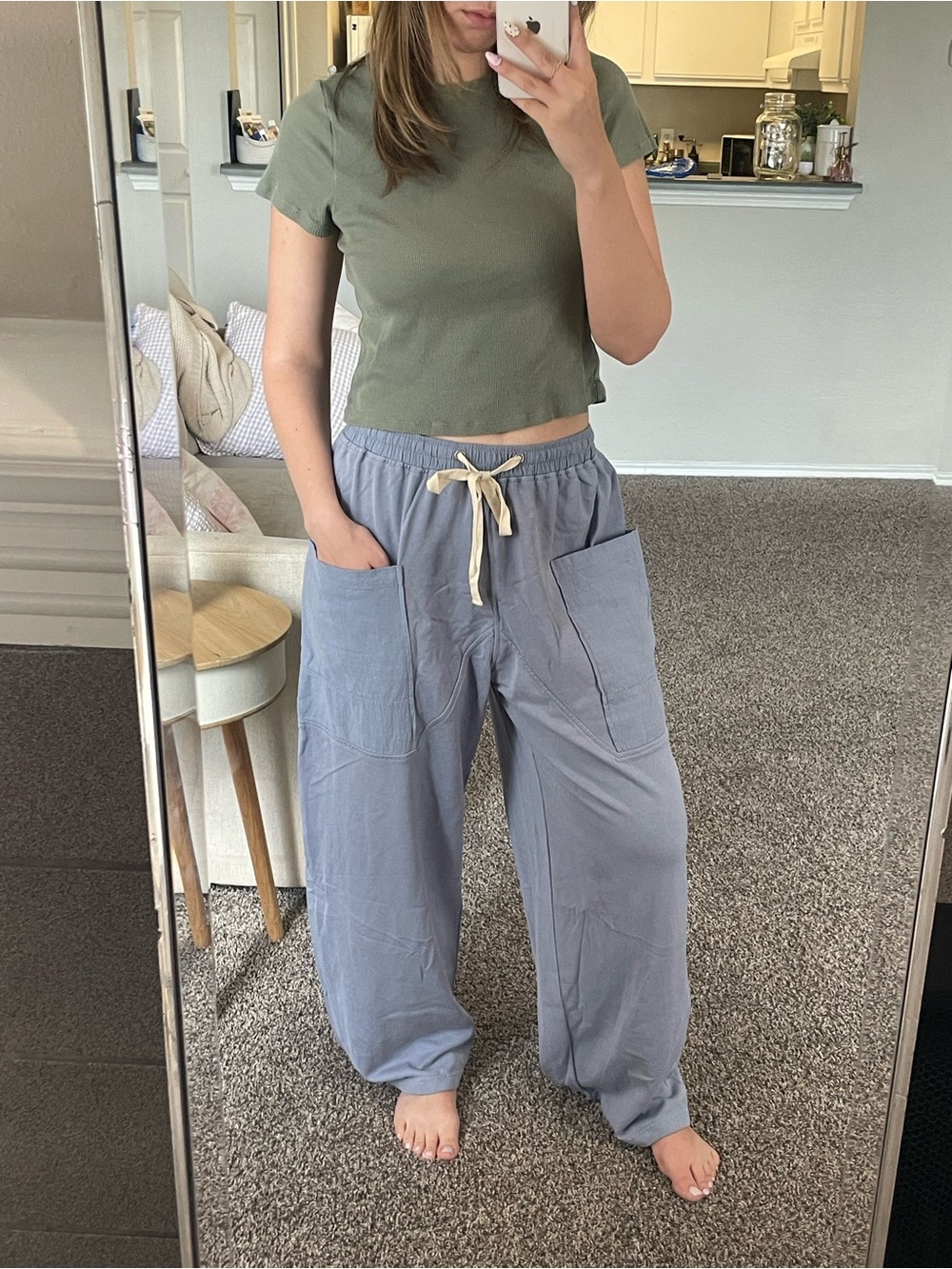 Relaxed Drawstring Wide-Leg Pants in Slate Gray